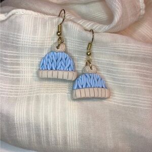 Blue and Cream Knit Hat Earrings for winter